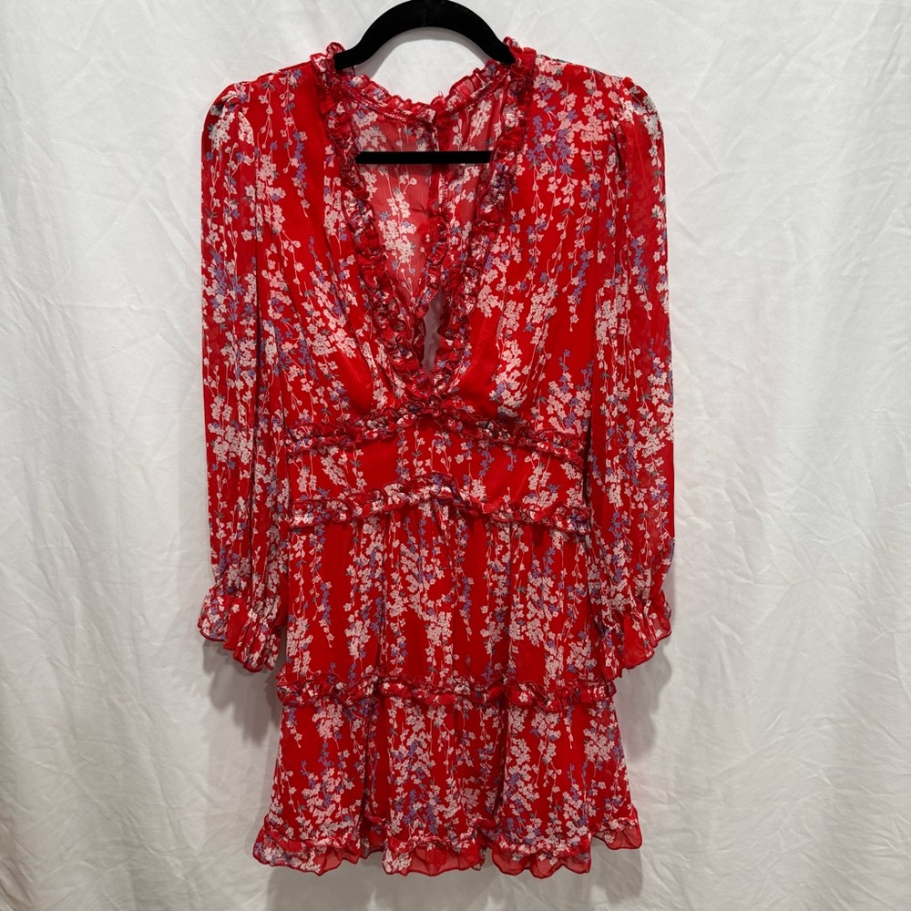 SHEIN Floral Ruffle Mini Dress M Long Sleeve Deep V Neck Lined Feminine Romantic